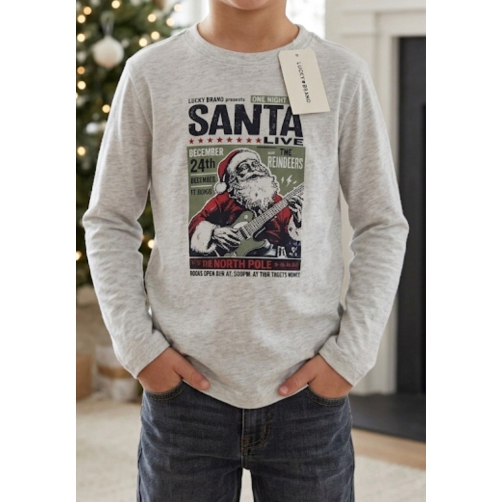 Lucky Brand Kids Christmas Tee Gray Long Sleeve Shirt Size 4 Logo Santa NWT